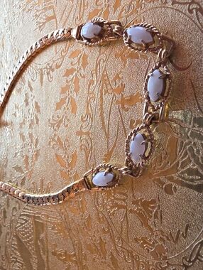 Gold Tone Bracelet with White Opal Cabochon Stones 7" Vintage